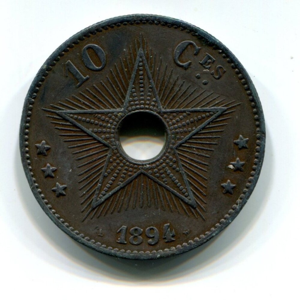 1894 Belgian Congo 'Holed' 10 Centimes Coin (b704)